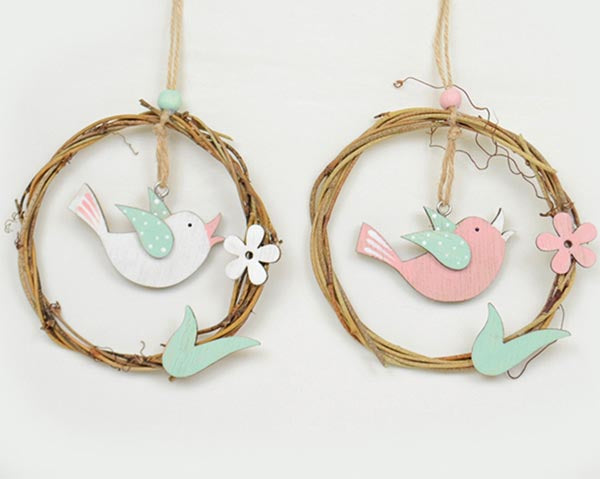 Couronne décorative avec petits oiseaux, 12x12cm, en bois