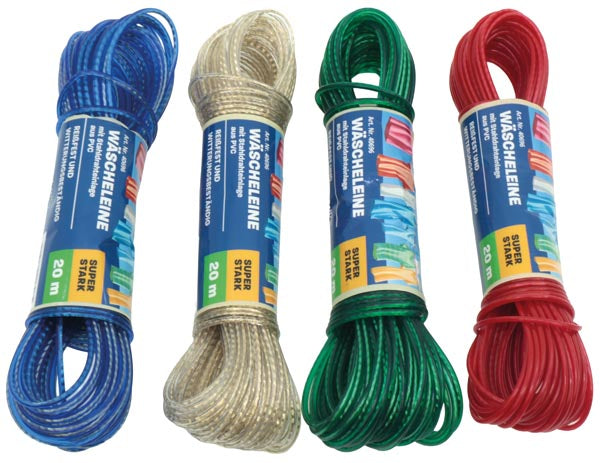 Corde à linge de 20 m avec renfort en fil d'acier, PVC