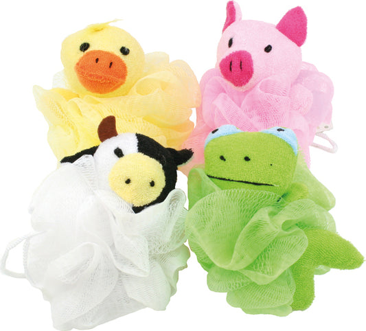 éponge de bain boule de douche forme animal 10 cm 4 plis assortis